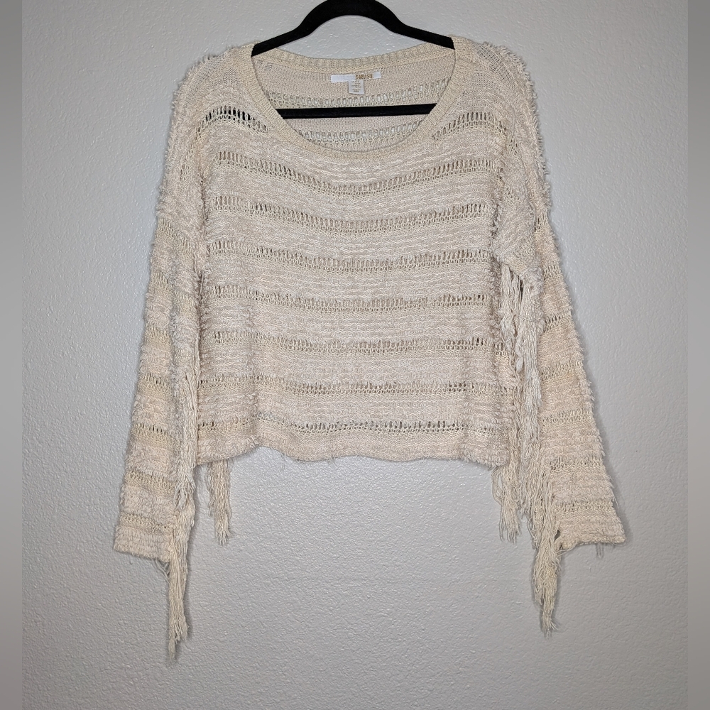Amuse Society Womens Oversized Cream Beige Open Crochet Fringe Boho Sweater S